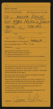 Entry card for Aidlin, Jerome M. for the 1974 May Show.