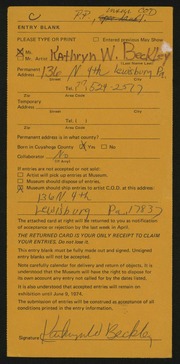 Entry card for Beckley, Kathryn W. for the 1974 May Show.