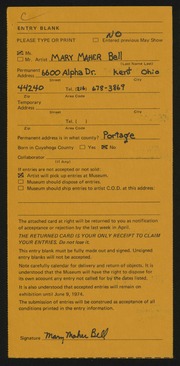 Entry card for Bell, Mary Maher for the 1974 May Show.