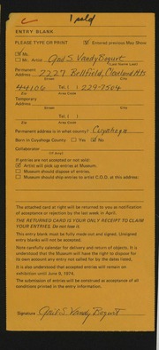 Entry card for Bogurt, Gail S. Vandy for the 1974 May Show.