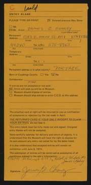 Entry card for Chaney, James G. for the 1974 May Show.