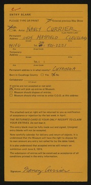 Entry card for Currier, Nancy for the 1974 May Show.