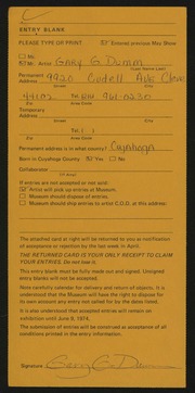 Entry card for Dumm, Gary George Joseph for the 1974 May Show.