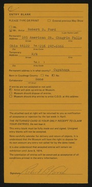 Entry card for Ford, Robert Barney for the 1974 May Show.