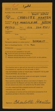 Entry card for Hanten, Charlotte M. for the 1974 May Show.