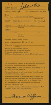 Entry card for Hoffman, Margaret A. for the 1974 May Show.