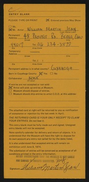 Entry card for Jean, William Martin for the 1974 May Show.