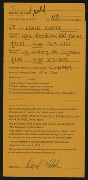 Entry card for Kobak, David for the 1974 May Show.