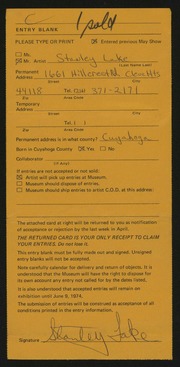 Entry card for Lake, Stanley for the 1974 May Show.