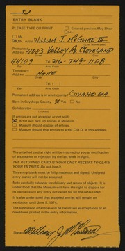 Entry card for McGuire, William J., III for the 1974 May Show.