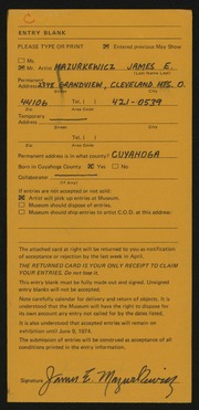 Entry card for Mazurkewicz, James E. for the 1974 May Show.