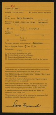 Entry card for Mocarski, David for the 1974 May Show.