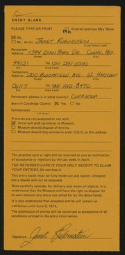 Entry card for Rubinstein, Janet for the 1974 May Show.