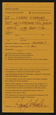 Entry card for Wheeler, Harry for the 1974 May Show.
