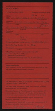 Entry card for Schock, William for the 1975 May Show.