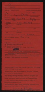 Entry card for Shutts, Lynn for the 1975 May Show.