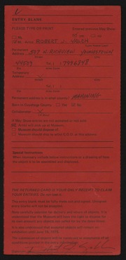 Entry card for Yalch, Robert J. for the 1975 May Show.