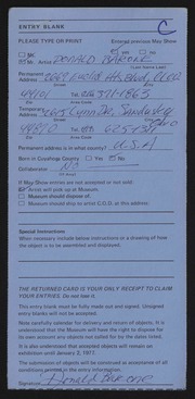 Entry card for Barone, Donald C. for the 1976 May Show.