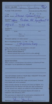 Entry card for Greenberg, Steven S., and Greenberg, Isadore M. for the 1976 May Show.