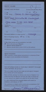 Entry card for Harringshaw, James Edwin for the 1976 May Show.