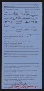 Entry card for Jergens, Robert for the 1976 May Show.
