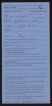 Entry card for Rogers, Phyllis J. for the 1976 May Show.