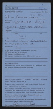 Entry card for Sords, Edmund for the 1976 May Show.