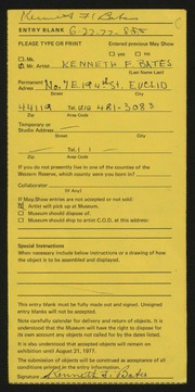 Entry card for Bates, Kenneth F. for the 1977 May Show.