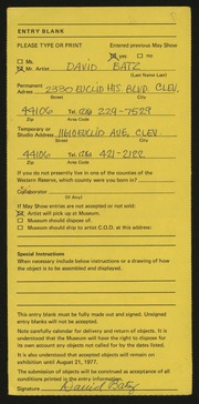 Entry card for Batz, David for the 1977 May Show.