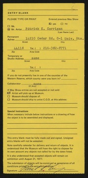 Entry card for Corrigan, Patrick Kevin for the 1977 May Show.