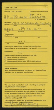 Entry card for Karlberg, Richard E. for the 1977 May Show.