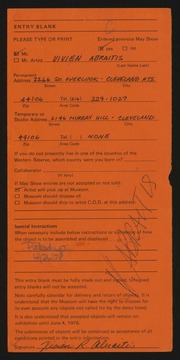 Entry card for Abraitis, Vivien R. for the 1978 May Show.