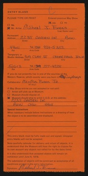 Entry card for Evans, Michael J., and Evans, Mr., Jr.; Evans, Mrs. for the 1978 May Show.