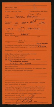 Entry card for Nelson, Victor for the 1978 May Show.