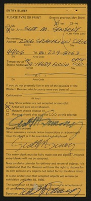 Entry card for Senseny, Scott M. for the 1980 May Show.