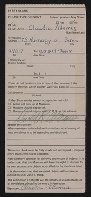 Entry card for Altemus, Claudia Fern for the 1981 May Show.