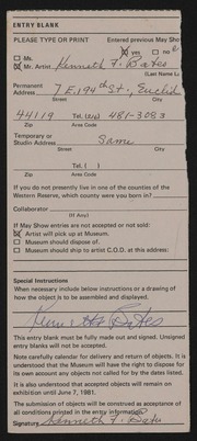 Entry card for Bates, Kenneth F. for the 1981 May Show.