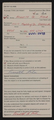 Entry card for Kula, Kenneth G. for the 1981 May Show.