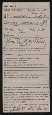 Entry card for Mazurkewicz, James E. for the 1981 May Show.