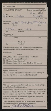 Entry card for Moore, John L. for the 1981 May Show.