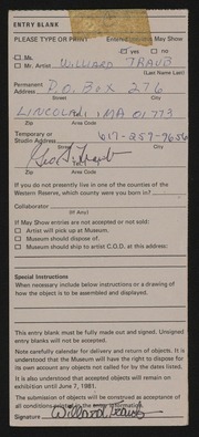 Entry card for Traub, Willard for the 1981 May Show.