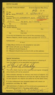 Entry card for Blakley, Roger  for the 1982 May Show.