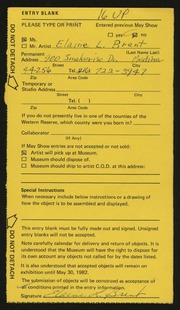 Entry card for Brent, Elaine L. for the 1982 May Show.
