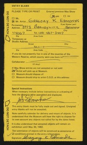 Entry card for Edmonds, Gregory Kremer for the 1982 May Show.
