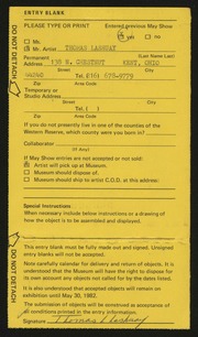 Entry card for Lashuay, Thomas for the 1982 May Show.