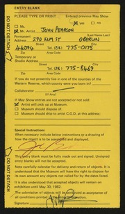 Entry card for Pearson, John for the 1982 May Show.