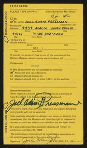 Entry card for Pressman, Joel Adam for the 1982 May Show.