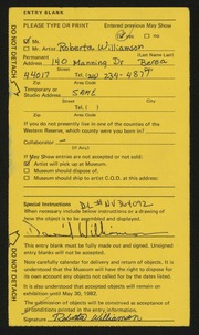 Entry card for Williamson, Roberta for the 1982 May Show.
