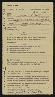 Entry card for Cooke, Judith S. for the 1983 May Show.