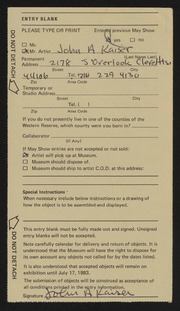 Entry card for Kaiser, John A. for the 1983 May Show.